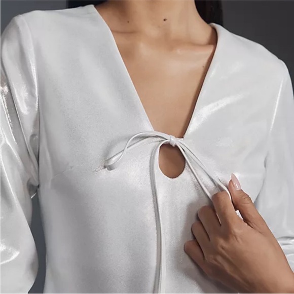 Anthropologie Long Sleeve V Neck Tie Front Metallic Mini Dress - Picture 4 of 13